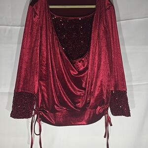 Red Velour Top With Sequin Attached Undertop Great For Holidays Unbranded XL